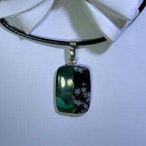 Snowflake Obsidian and Malachite Rectangular Pendant Necklace 雪花黑曜石孔雀石拼接吊坠项链