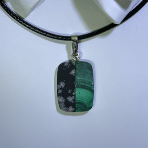 Snowflake Obsidian and Malachite Rectangular Pendant Necklace 雪花黑曜石孔雀石拼接吊坠项链