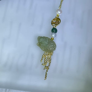 Green Jade White Freshwater Pearl Pixiu Ebony Hairpin with Tassel 糯种油青翡翠白色淡水珍珠貔貅乌木发簪步摇