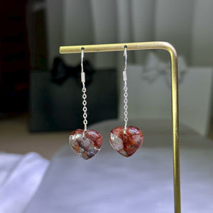 925 Silver Red Hematoid Quartz Love Heart Earrings 红胶花水晶爱心银耳钩