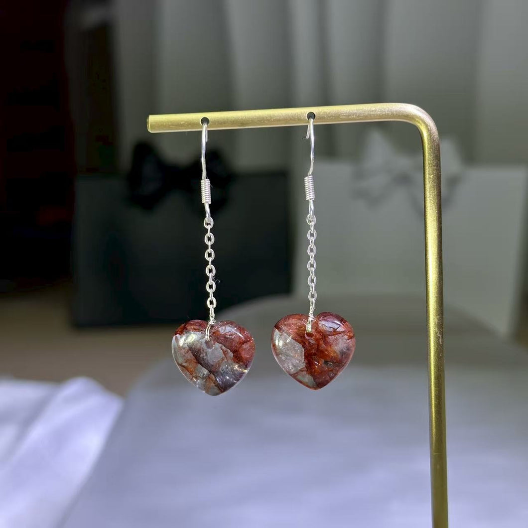 925 Silver Red Hematoid Quartz Love Heart Earrings 红胶花水晶爱心银耳钩