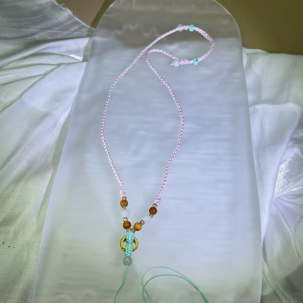 Handmade Baby Pink Necklace Cord with White Jadeite Beads 白色翡翠珠水粉色手编项链绳
