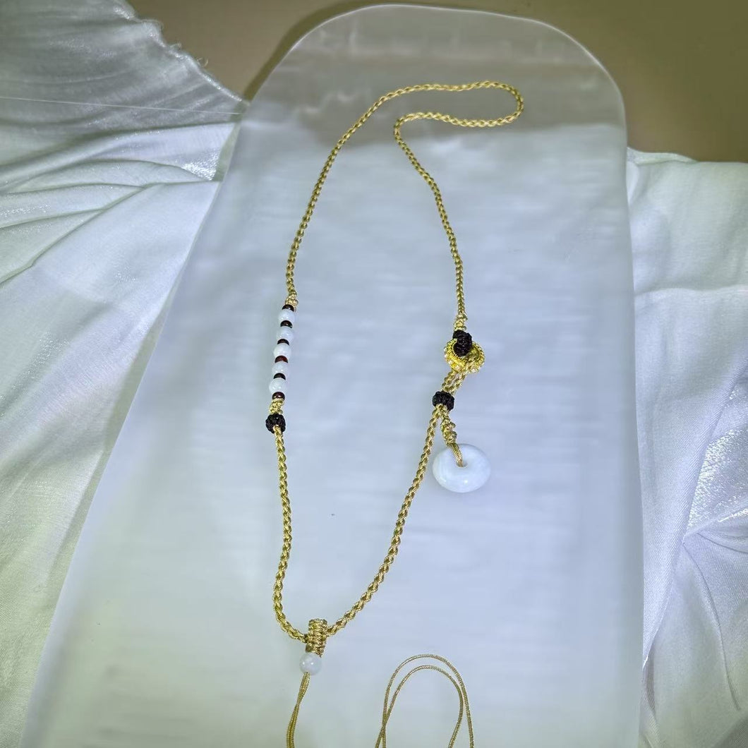 Handmade Golden Beige Necklace Cord with White Jadeite Lucky Donut 白色翡翠平安扣米金色手编项链绳