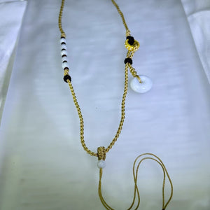 Handmade Golden Beige Necklace Cord with White Jadeite Lucky Donut 白色翡翠平安扣米金色手编项链绳
