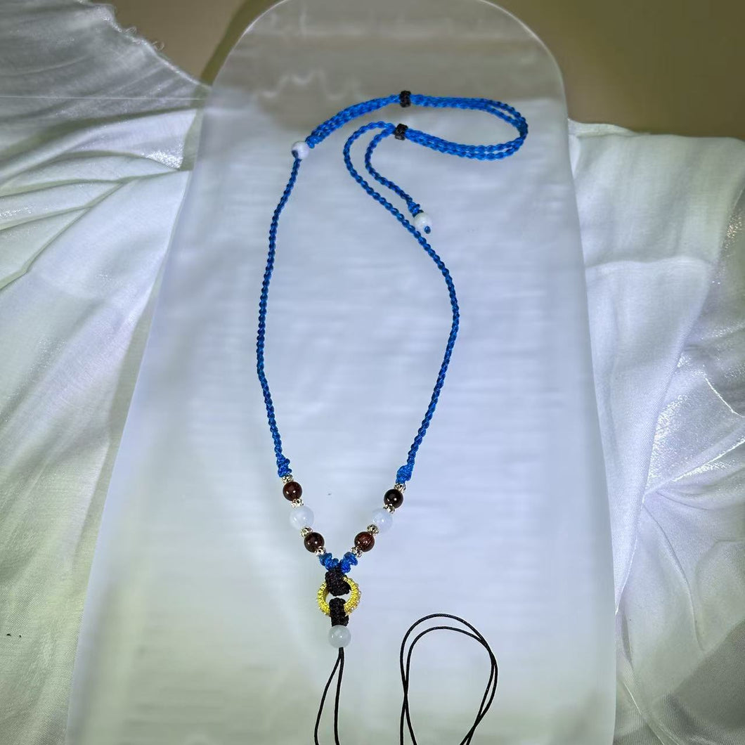 Handmade Teal Blue Necklace Cord with White Jadeite Beads 白色翡翠珠青蓝手编项链绳