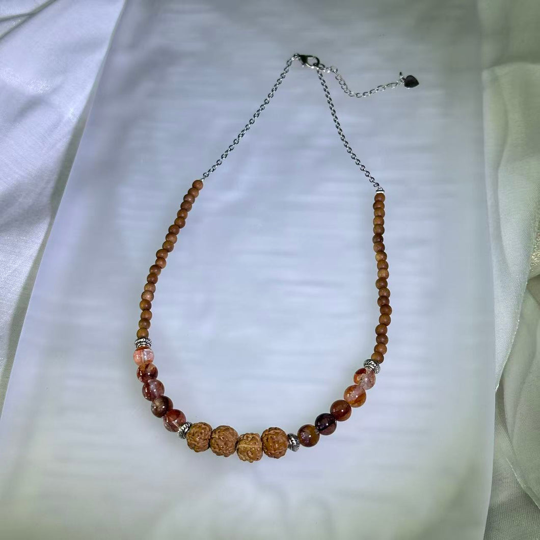 Red Hematoid Quartz Rudraksha Sandalwood Bead Necklace 金刚菩提红胶花水晶山檀木珠链项链