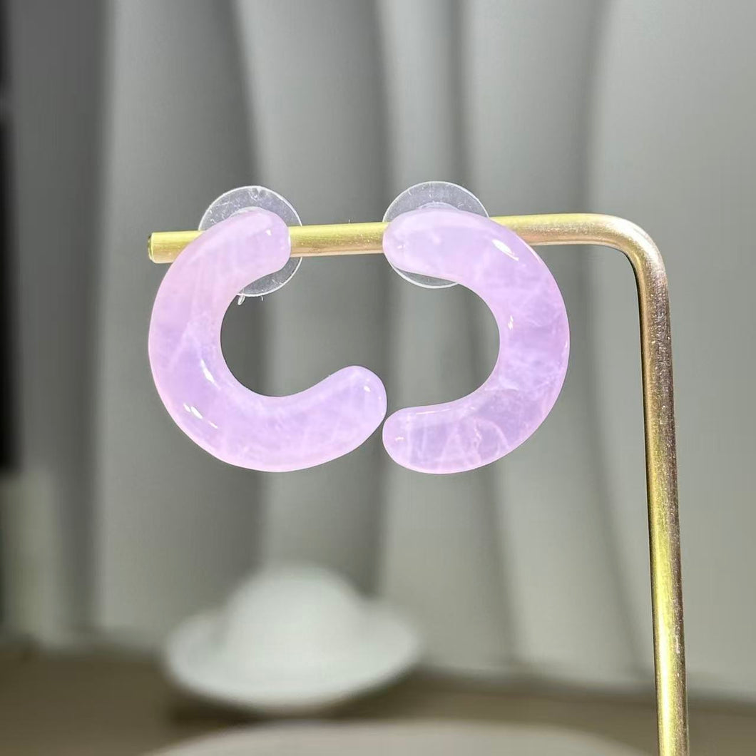 Curved Arc Rose Quartz 925 Silver Stud Earrings 粉水晶925银耳钉