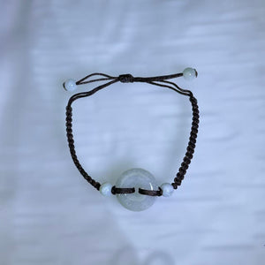 Translucent White Jadeite Lucky Donut Handwoven Bracelet 糯种白色翡翠平安扣手编手链