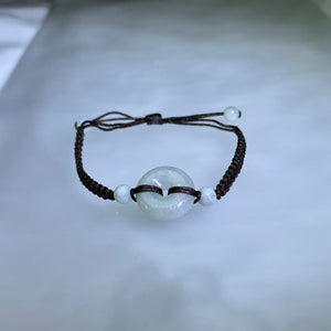 Translucent White Jadeite Lucky Donut Handwoven Bracelet 糯种白色翡翠平安扣手编手链
