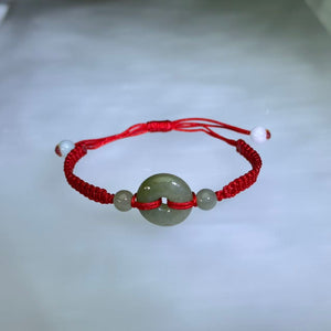 Translucent Green Jadeite Lucky Donut Handwoven Bracelet 糯种油青翡翠平安扣手编手链