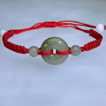 Load image into Gallery viewer, Translucent Green Jadeite Lucky Donut Handwoven Bracelet 糯种油青翡翠平安扣手编手链
