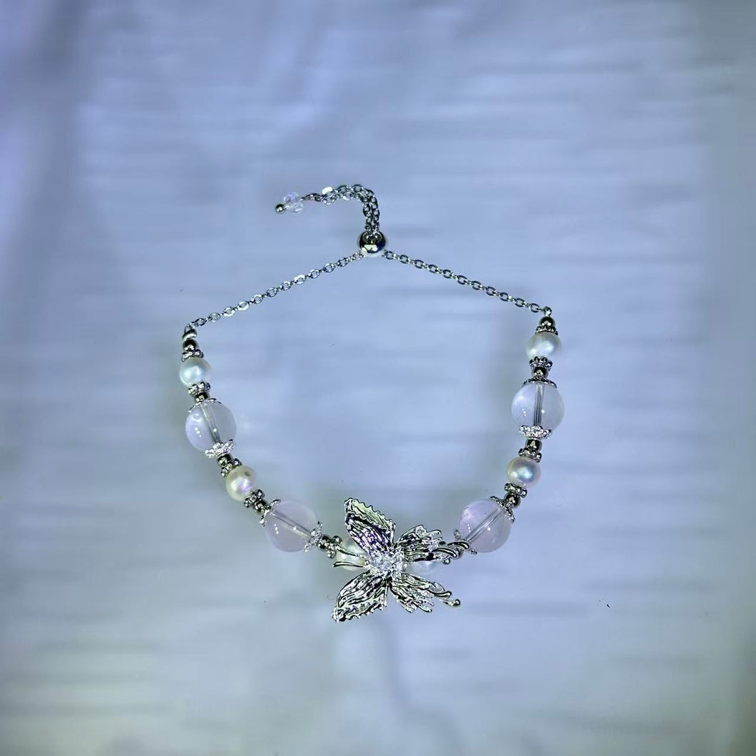 Rose Quartz White Freshwater Pearl Bead Bracelet 粉水晶白色淡水珍珠珠链手链