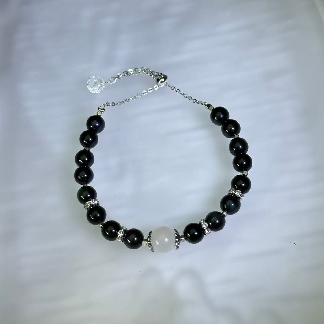 Rainbow Eye Obsidian Moonstone Bead Bracelet 彩眼黑曜石月光石珠链手链