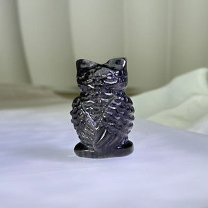 Silver Sheen Obsidian Owl Figurine 银眼黑曜石猫头鹰小摆件