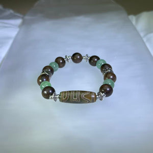 Agate Dzi, Green Strawberry Quartz &amp; Sandalwood Bead Bracelet 玛瑙天珠紫檀木绿色草莓晶手串