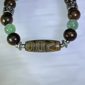 Agate Dzi, Green Strawberry Quartz &amp; Sandalwood Bead Bracelet 玛瑙天珠紫檀木绿色草莓晶手串
