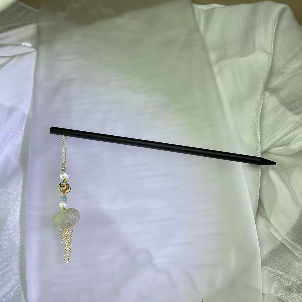 Green Jade Dragon Turtle Ebony Hair Pin 糯冰油青翡翠龙龟乌木发簪