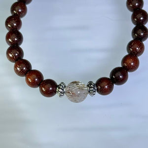Copper Rutilated Quartz &amp; Sandalwood Bead Bracelet 铜发晶紫檀木手串