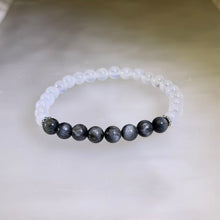 Load image into Gallery viewer, White Agate Silver Sheen Obsidian Beaded Bracelet 白玛瑙银眼黑曜石手串
