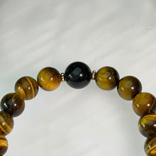 Load image into Gallery viewer, Yellow Tiger's Eye Rainbow Sheen Obsidian Mantra Bracelet 黄虎眼石彩眼黑曜石六字真言手串
