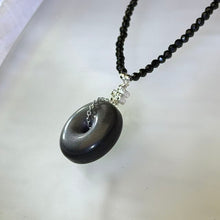 Load image into Gallery viewer, Silver Sheen Obsidian Lucky Buckle Necklace 银眼黑曜石平安扣项链
