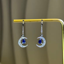 Load image into Gallery viewer, Blue Sapphire Crescent Moon Dangle Earrings 蓝色蓝宝石月牙吊坠耳钩
