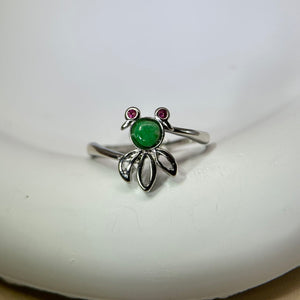 Green Jade Goldfish Adjustable Ring 糯种苹果绿翡翠镶嵌金鱼活口戒指